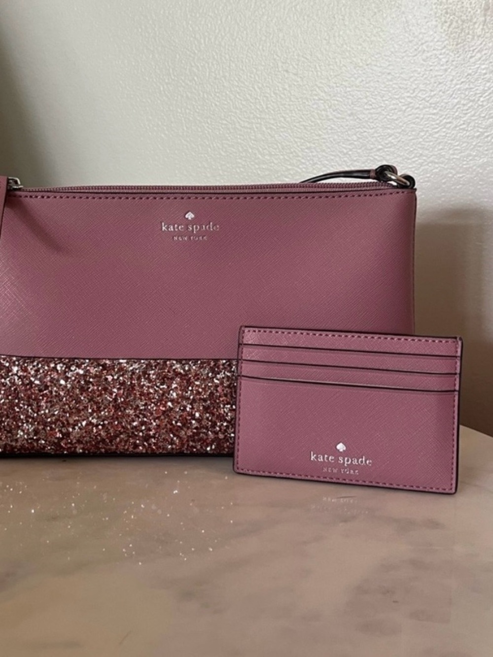 kate spade mauve cardholder with saffiano texture
